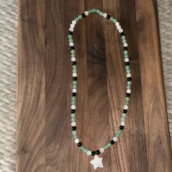 White Quartz Star Necklace(Black Obsidian, Quartz and Green Aventurine) - Picture 2 of 5